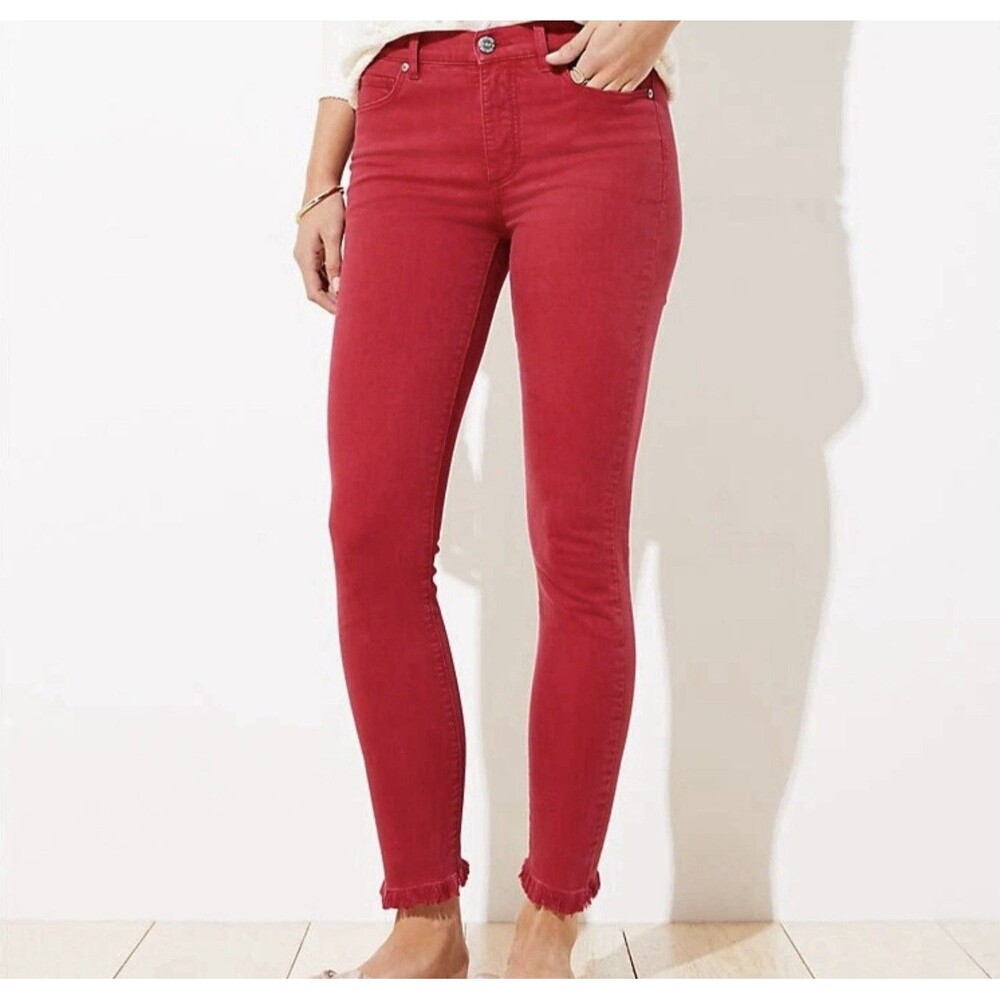 NWT Loft Red High Rise Skinny Denim Jeans Fray Hem Pants Size 10 30 NEW $79.50
